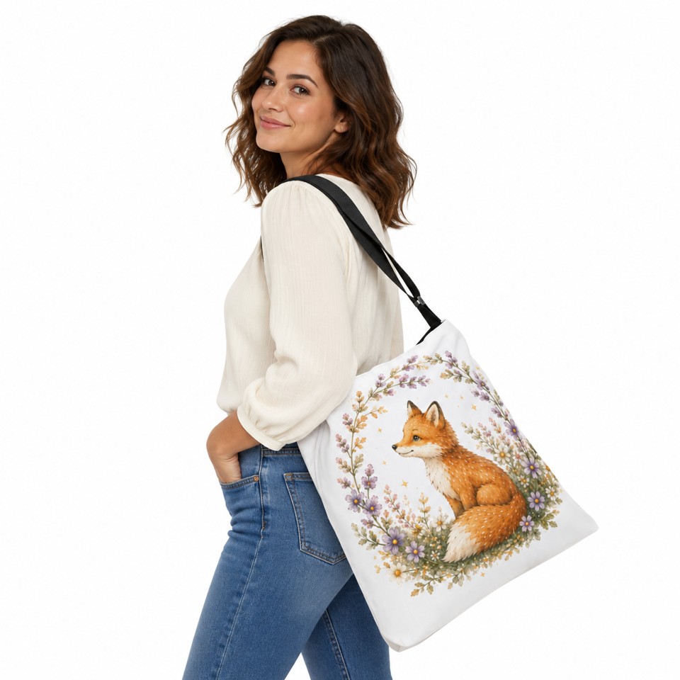 Model wearing the Woodland Friends Adjustable Tote with its black adjustable strap