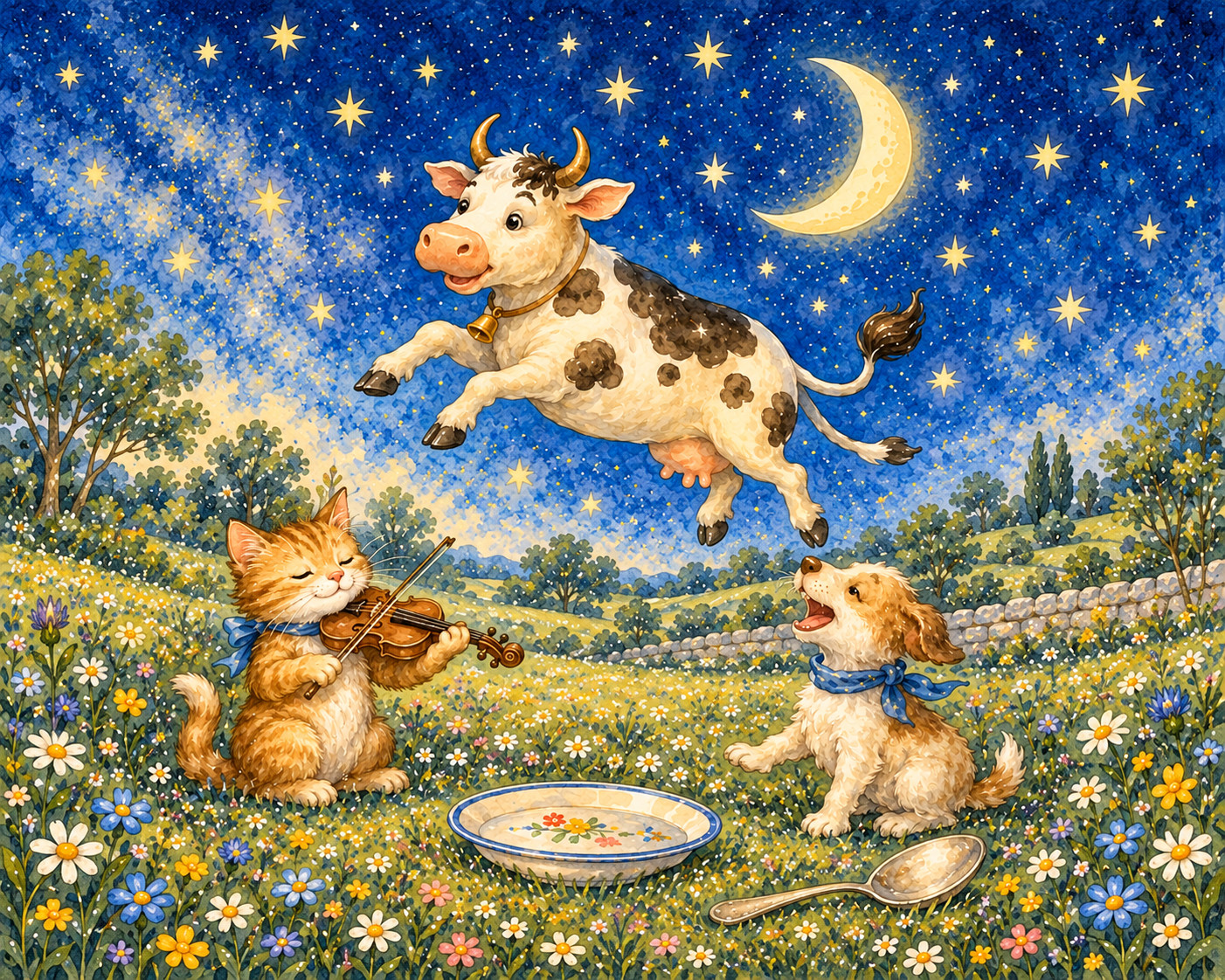 A cow jumps over the moon above a fiddle-playing cat and a little dog