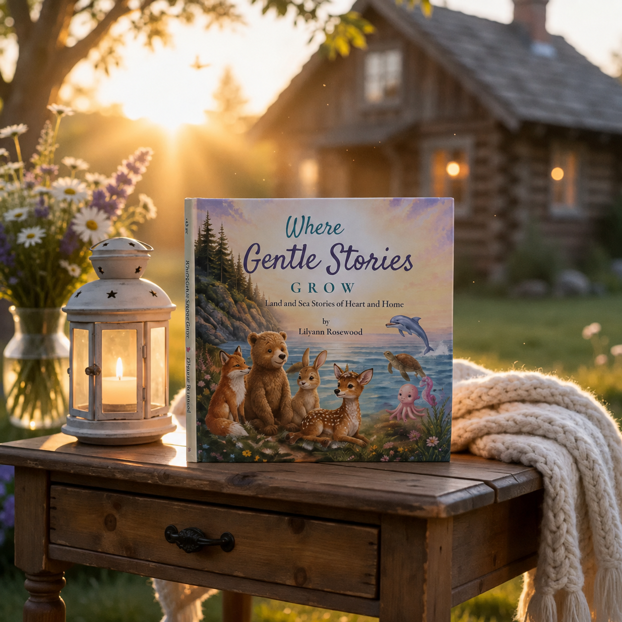 Where Gentle Stories Grow hardcover book displayed beside a glowing lantern
